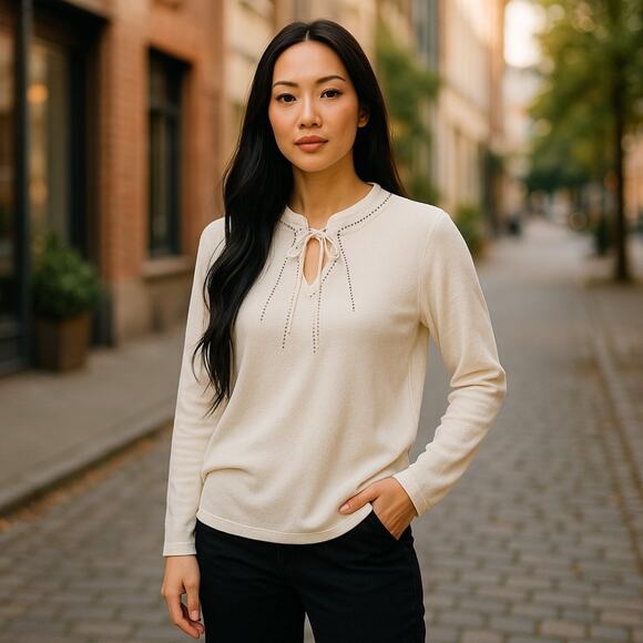 Reba Mcentire Long Sleeve Ivory Mock Neck Rhinestone Sweater small 4-8 - Picture 1 of 7